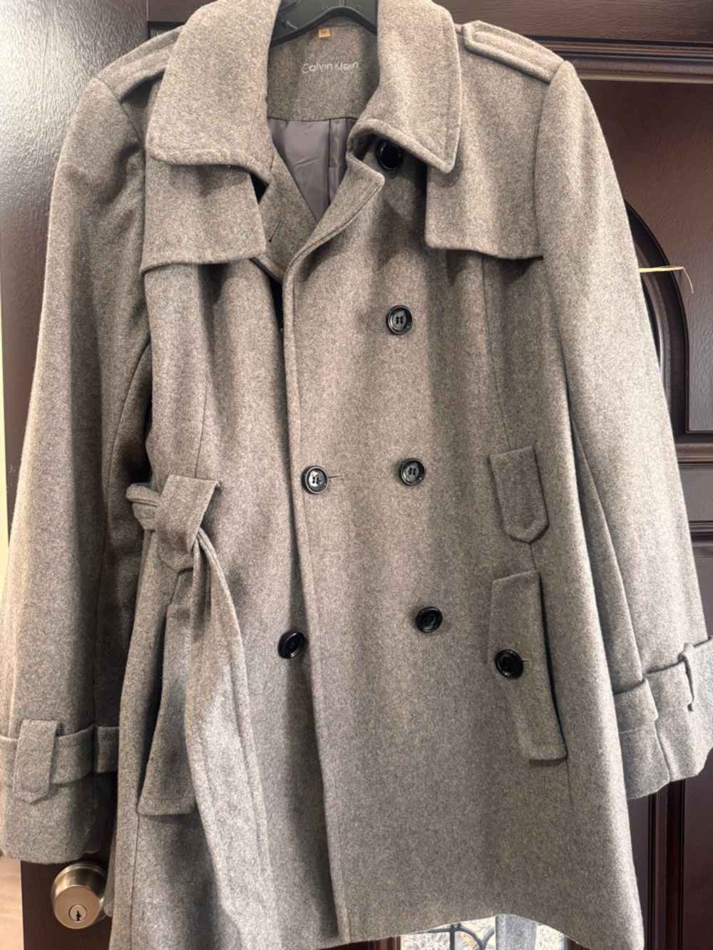 Calvin Klein Woman’s Gray Double-Breasted Wool Trench Coat